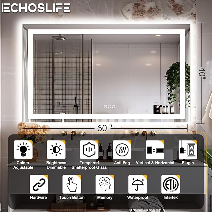 60"x40" LED Mirror for Bathroom, Front and Backlit, Anti-Fog Vanity Mirror with Lights, Stepless Dimmable Lit, 3 Colors Smart Mirror (Horizontal/Vertical)