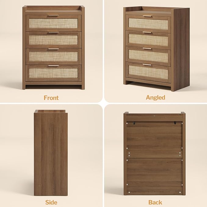 SICOTAS Dresser for Bedroom Chest of Drawers 38" Tall Dresser for Closet with 4 Rattan Drawers Boho Nightstands Set of 2 Large Clothes Storage Cabinet TV Stand for Living Room Hallway Nursery Entryway