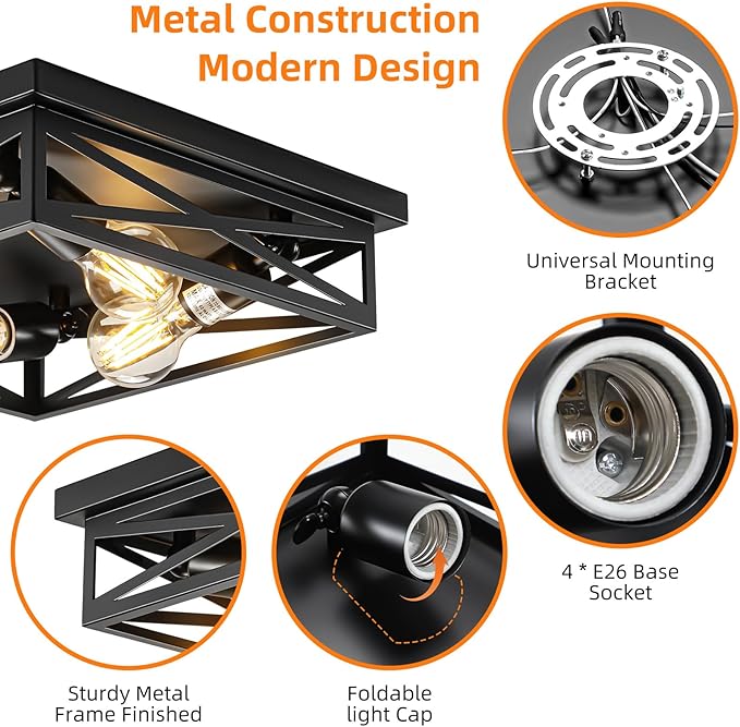 4-Light Flush Mount Ceiling Light Fixture, Kitchen Lights, Black Farmhouse Flush Mount Light Fixture, Metal Cage Closed to Ceiling Mounted Lights for Hallway Entryway E26 Base(1 Pack 13in)