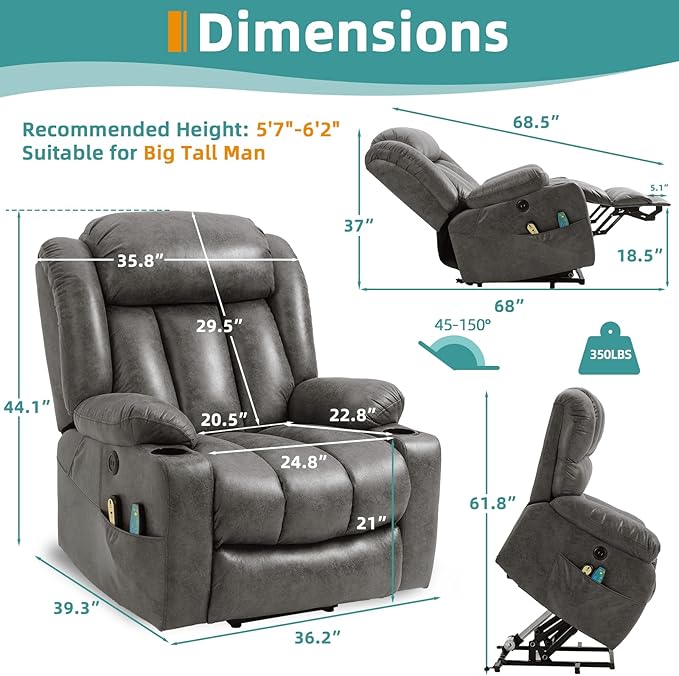 MEETWARM Large Power Lift Electric Recliner Chair with Extended Footrest for Big Tall Man, Overstuffed Wide Recliner with Massage and Heat, 2 Remote Controls/USB Ports/4 Side Pockets(Grey)