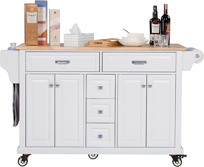 Generic 60.5"" Kitchen Island on Wheels, Rolling Island Table for Kitchen with Double Storage Cabinet and 5 Drawers, Portable Kitchen Cart with Rubber Wood Top, White, Large