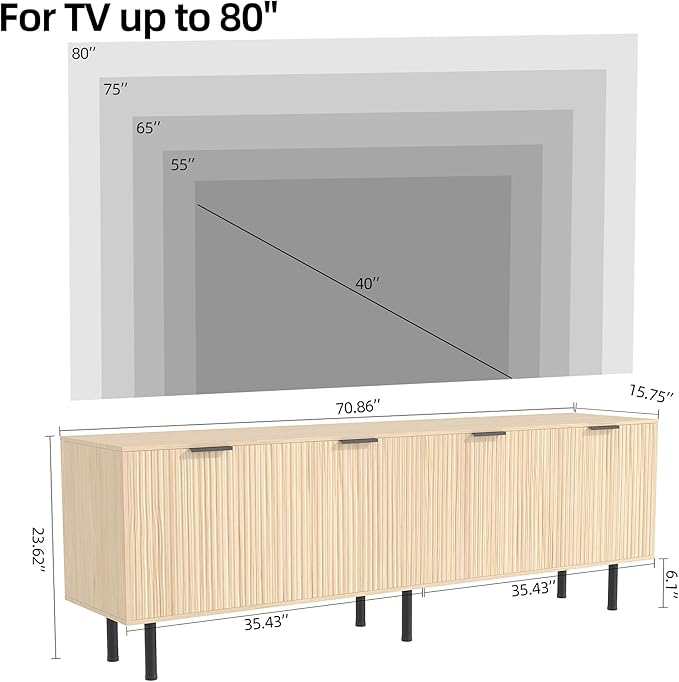 Oak TV Stand for TVs up to 80 Inch,Mid Century Modern TV Console,TV Stands for Living Room & Bedroom,Entertainment Center with Storage,Entertainment Stand,TV Cabinet for 55,60,65,70,72,75,80 Inch TV