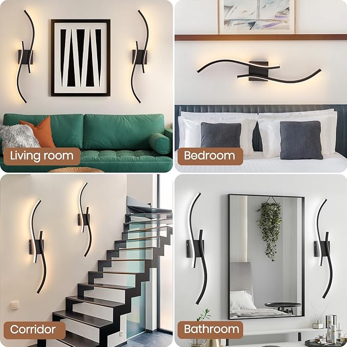 Battery Operated Wall Sconces Set of 2，Rechargeable Dimmable Battery Operated Wall Sconce with Remote Control，3000K-6500K LED Black Wireless Wall Light for Living Room Bedroom Hallway，31.5inch (Black)