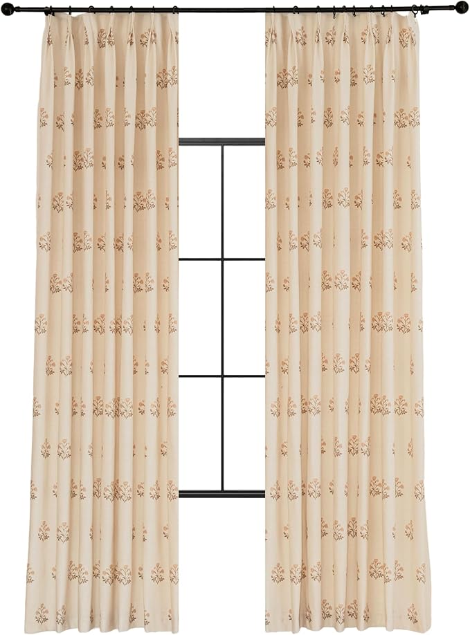 Linen Blend Pinch Pleated Curtains for Living Room, Bedroom, Dining Room - Light Filtering Curtains 2 Panels Set - Luxury and Modern Floral Printed Design - Beige White, 30" W x 84" L