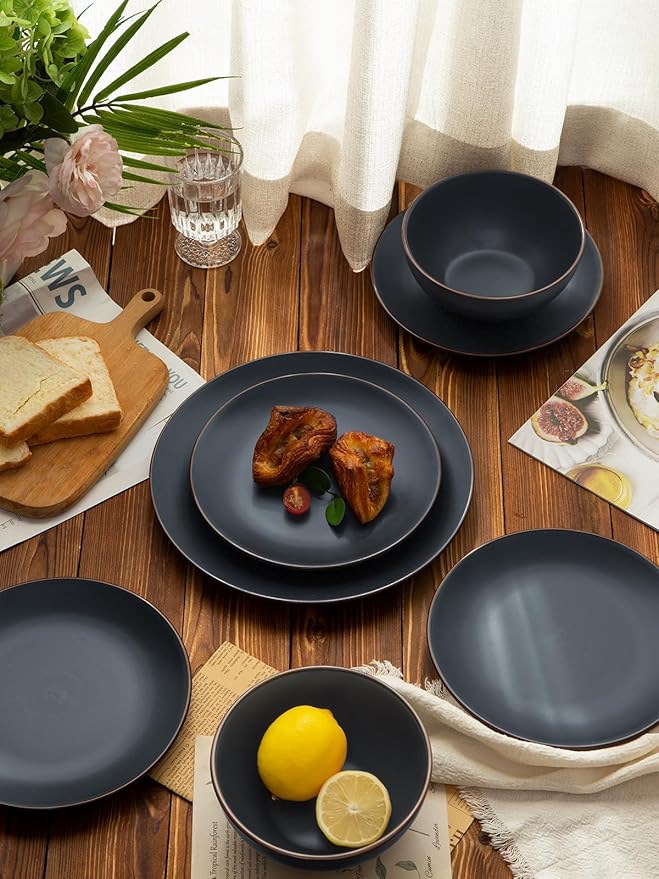 Famiware Venus Plates and Bowls Sets, 12 Pieces Stoneware Speckled Dinnerware Sets, Dishes Set for 4, Microwave and Dishwasher Safe, Matte Charcoal
