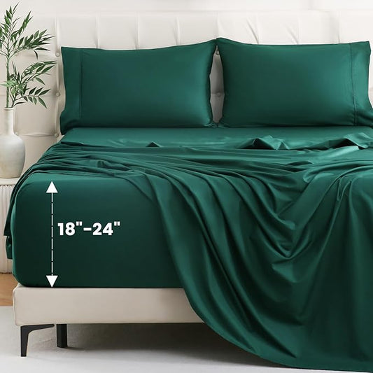 Bedlifes Queen Sheet Set, Extra Deep Pocket 18-24 Inches,1000Thread Count 100% Egyptian Cotton, Soft and Breathable Sateen 4-Piece,Dark Green