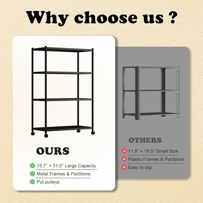 ZZL 4 Tier Bookshelf 31.49" Width,Book Organizers and Storage w/Wheels,Rustic Industrial Book Shelves for Home Office,Bedroom,School,Living Room(Black)