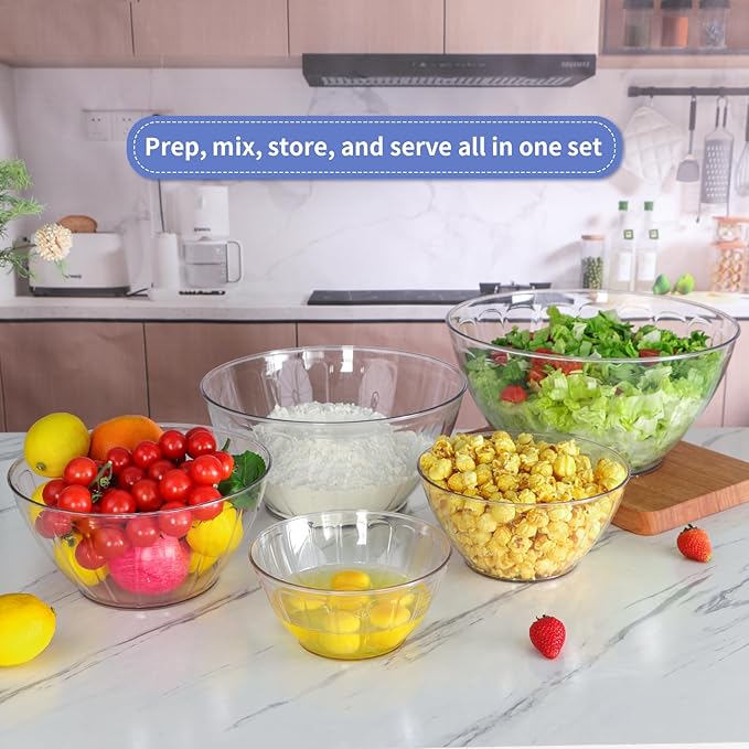 MOLIGOU 5 Pack Extra Large Mixing Bowls with Lids Set, Plastic Nesting Bowls for Meal Prep, Baking, Serving, 7.2/4.7/2.9/1.8/0.9 qt