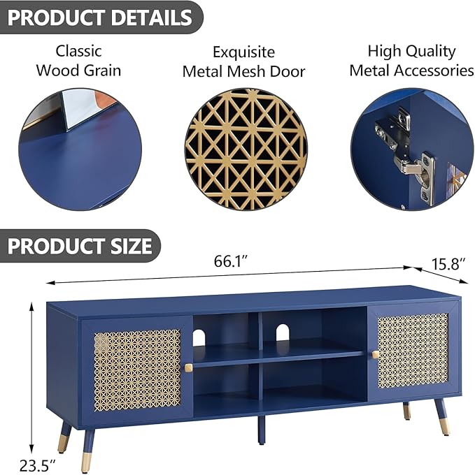 Mid Century Modern Entertainment Center, Blue TV Stand for TVs up to 75", Boho Tv Furnitures with Storage Cabinet and Shelves, Tv Console Media Center with Gold Metal Mesh Doors for Living Room