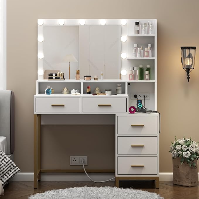 Loomie Vanity Desk with Lighted Mirror & Power Outlet, Makeup Table with 5 Drawers, Two Cubby & Shelf, Vanity Dresser with 11 Lights in 3 Lighting Colors for Bathroom, Bedroom,Makeup Room,White