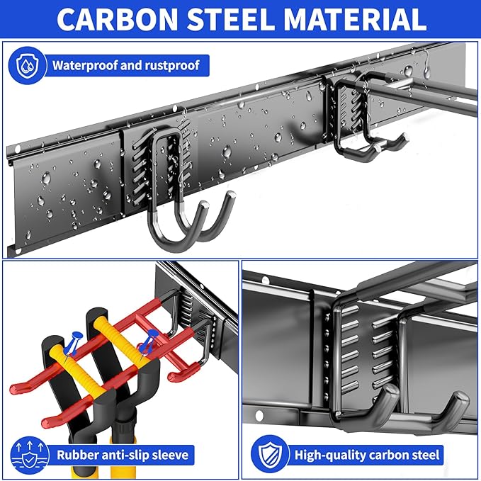 Garage Wall Organizer Wall Mount, 48inch Heavy Duty Garden Tool organizer Storage System, Easy Install With 6 Adjustable Hooks, For Garage, Basement, Shed, Workshop(Black)