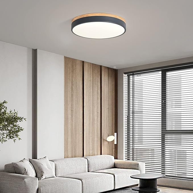 Dimmable Wood LED Flush Mount Ceiling Light, 5CCT 2700K-6000K Selectable Modern Round Close to Ceiling Lighting Fixtures, Minimalist Grey Ceiling Lamp for Living Room, Bedroom, Laundry Room
