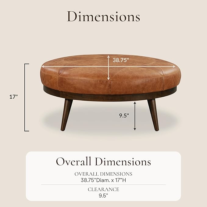 Poly & Bark Gio Ottoman – 30” Round with Feather-Down Topper – Full-Grain Leather Upholstery – Couch Ottoman for Living Room – Vintage Italian Leather in Cognac Tan