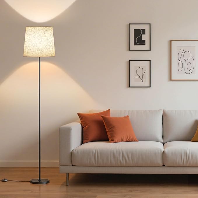 Floor Lamp with Linen Shade - 62" Dimmable LED Standing Lamp with Foot Switch, 3 Color Temps, 9W E26 Bulb Included, Black Floor Reading Light Corner Lamp for Living Room Bedroom Office