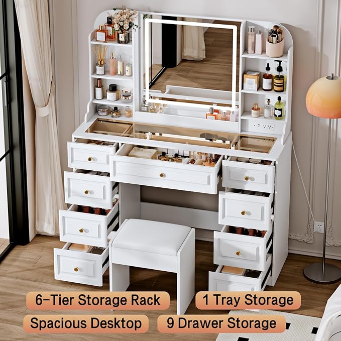 42" Makeup Vanity Desk with Mirror and Lights, & Power Outl, Glass Top Big Vanity Table with 9 Drawers& 8 Storage Shelves, Dressing Table Set with Chair for Bedroom, White