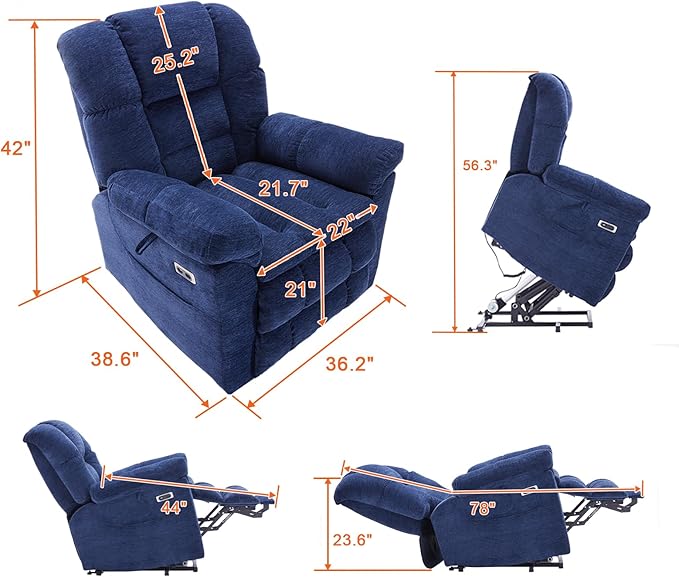 Triple Motor Power Lift Recliner Chair with Massage and Dual Heat for Elderly People, Zero Gravity Lay Flat Recliner Infinite Position, USB Ports（Navy Blue）