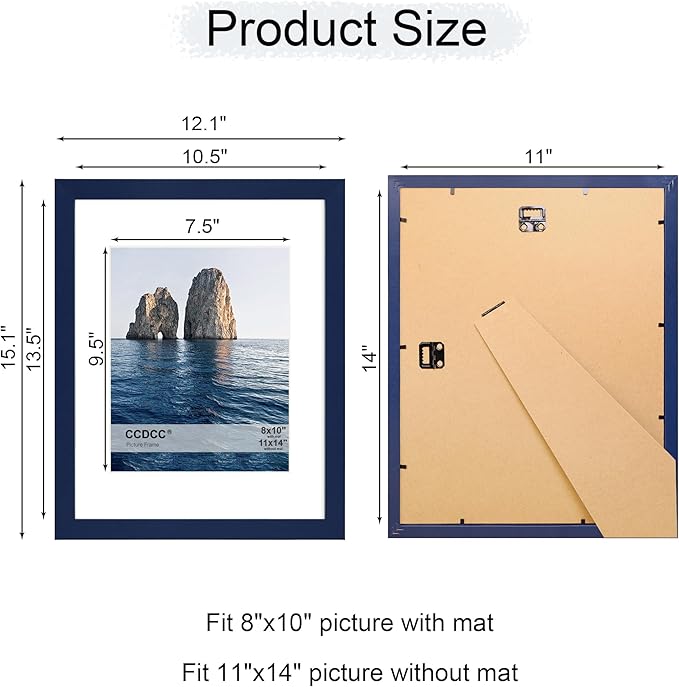 11x14 Picture Frame Set of 4, 11 x 14 Wood Photo Frames with Mat for 8x10, Natural Wooden Frame with Real Glass Cover for Wall and Tabletop Display,Blue