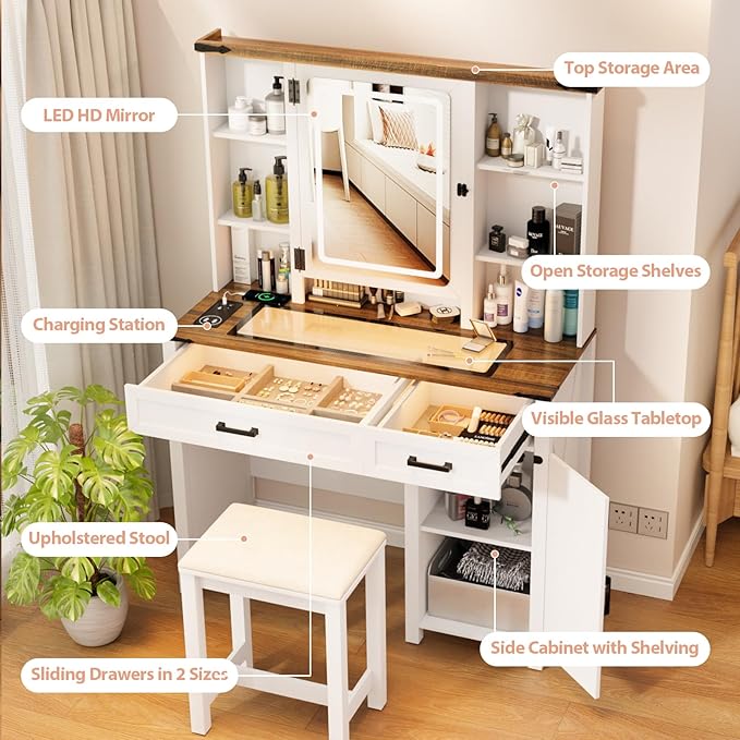 Farmhouse Makeup Vanity, Vanity Desk with 3 in 1 Charging Station and Human Body Sensing LED Lights, Vanity Table with Glass Tabletop & Hidden Jewelry Cabinet, Stool Included, Vintage White
