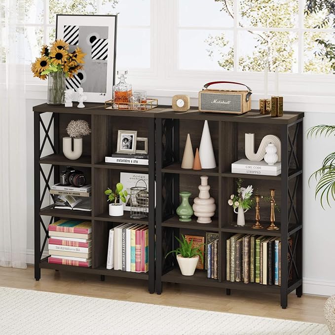 FATORRI 6 Cube Storage Organizer Shelf, Rustic Wood and Metal Cubby Bookcase, Industrial 4 Tier Cube Bookshelf (Walnut Brown)