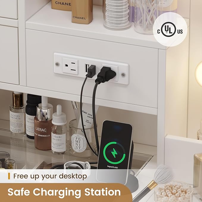 Makeup Vanity Desk with Mirror and Lights & Stool, Glass Top Vanity Table Set with Charging Station, 4 Stoarge Drawers & Double-Door Cabinet, Modern White & Black