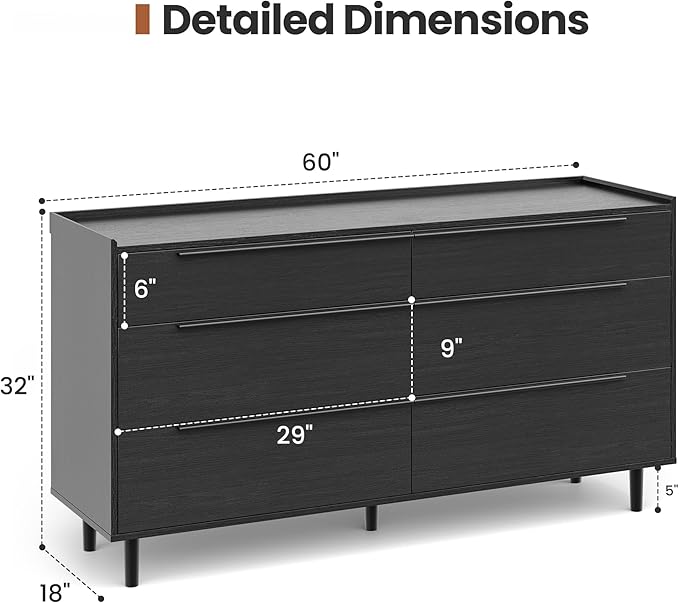 Modern Minimalist 60" Black Dresser for Bedroom, Large 6 Drawer Storage Cabinet with Sleek Metal Handles, Clothes Organizer Chest for Closet, Hallway, or Living Room