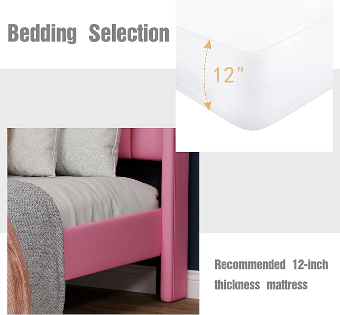 Upholstered Platform Twin Size Bed Frame with Headboard Wooden Slats Support No Noise Easy Assembly Pink Velvet