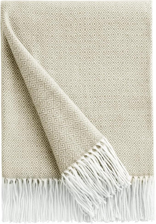 BOURINA Throw Blanket Decorative Faux Cashmere Fringe Lightweight Throw Soft Cozy for Bed or Sofa Outdoor Blanket, 50" x 60" Light Beige