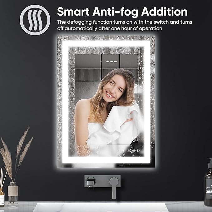Antok 24"x 36" LED Bathroom Mirror with Lights, Anti-Fog, Dimmable, Lighted Vanity Mirror with Tempered Glass, Memory Function, 3 Light Modes, Safe Use, Horizontal, Vertical