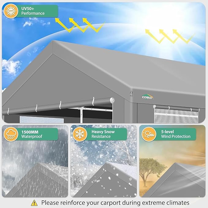 COBIZI Carport 12x20ft Heavy Duty Portable Garage, 2.0 Powder Coated Frame(Better Than Galvanized), Waterproof Shelter with Removable Sidewalls & Windows, Built-in Sandbags, for Car/Boat/SUV, Gray