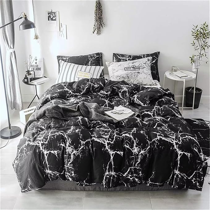 Luxlovery Black Marble Comforter Set Twin Black Bedding Set Men Boys Modern Comforter Cozy Abstract Black White Marble Quilts Blanket Dorm Preppy Comforter Set for Kids Teens
