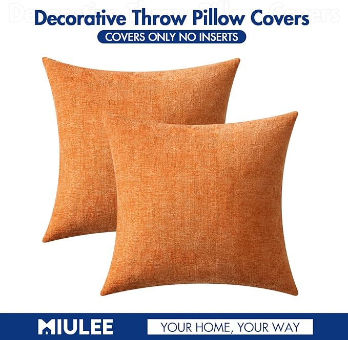 MIULEE Fall Pack of 2 Orange Throw Pillow Covers 20x20 Inch Soft Chenille Pillow Covers for Sofa Living Room Couch Solid Dyed Cases
