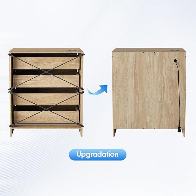 Fameill Dresser for Bedroom, 4 Drawer Small Dresser Organizer with Charging Station for Livingroom, Chest of Drawers with Metal Handles, Oak