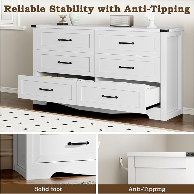 6-Drawer Dresser for Bedroom, Modern Wooden Chest of Drawers with Metal Handles, Anti-Tipping Design, Sturdy and Stable Storage Organizer for Living Room, Entryway, Home Office