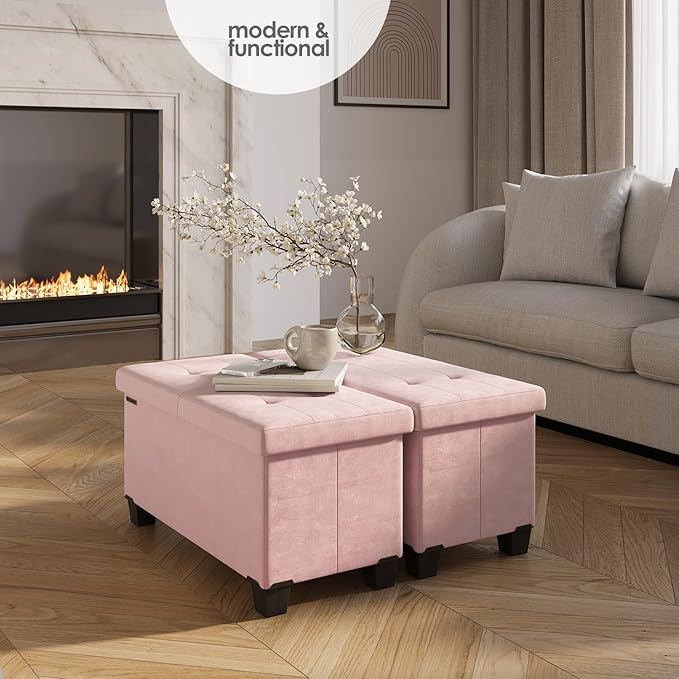 STORAGEBUD Storage Ottoman Bench with Bins, 30-in Storage Bench for Bedroom End of Bed, Folding Foot Rest Ottoman for Living Room Max 660lbs, Velvet Ottomans, Pink