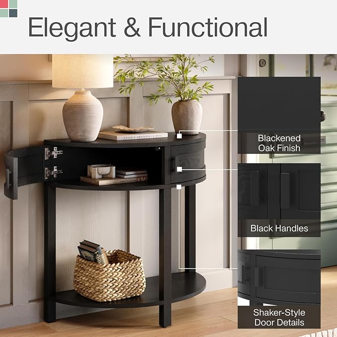 Farmhouse Half Moon Console Table - Blackened Oak Rustic Wood - Narrow Console Table with Storage & Black Knobs - Hallway, Entryway & Living Room Furniture - Entryway Furniture - Hallway Decor