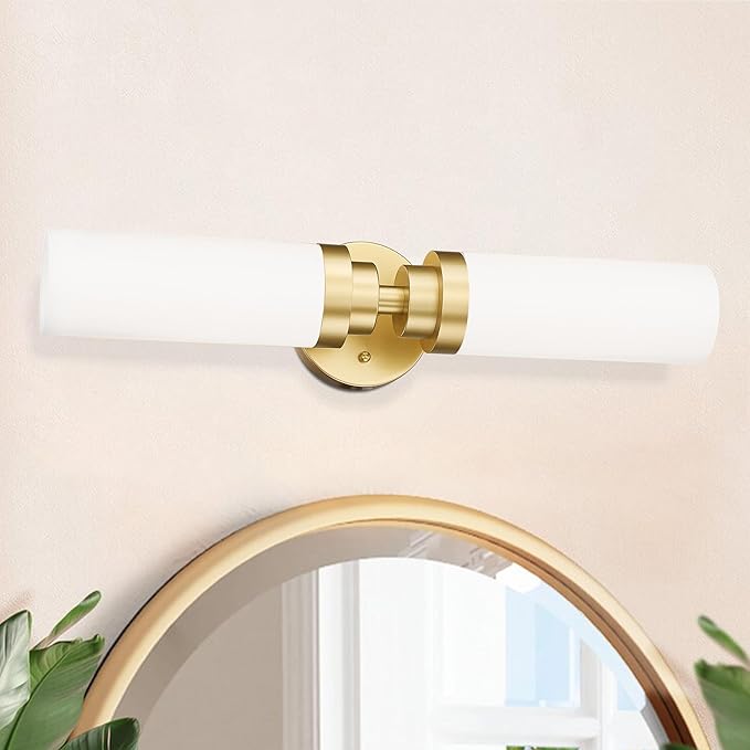 Emak 22 Inch Gold Bathroom Light Fixtures Over Mirror, 2 Light Bathroom Vanity Light with Milk Glass Shade, Modern Wall Sconce Set of Two for Bath, Hallway, VL085-GDL-ML-2-2PK