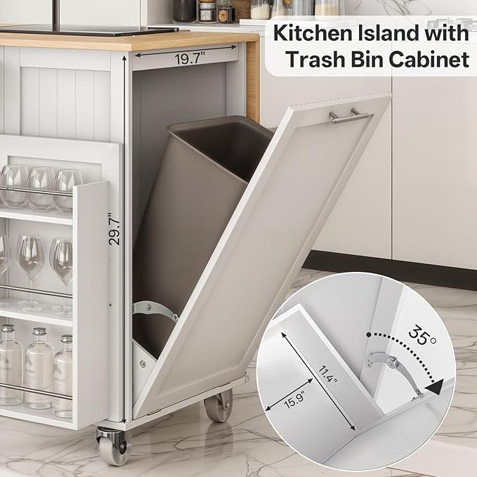 Kitchen Island with Storage & Drop Leaf - 43.3" Mobile Kitchen Cart with Wheels, Rolling Kitchen Island with Trash Bin Cabinet & Towel Rack, Rubberwood Top, White Island for Kitchen