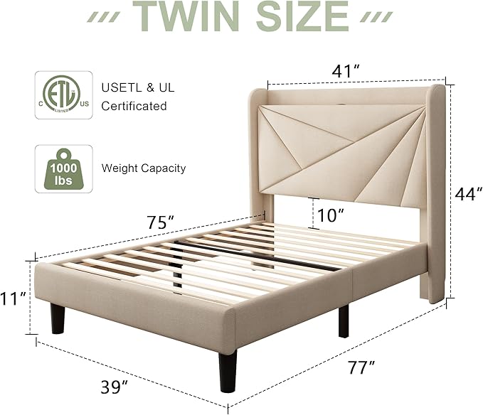 Feonase Twin Size Bed Frame with Charging Station, Upholstered Linen Platform Bed Frame with Wingback Headboard, Solid Wood Slats Support, No Box Spring Needed, Noise Free, Beige