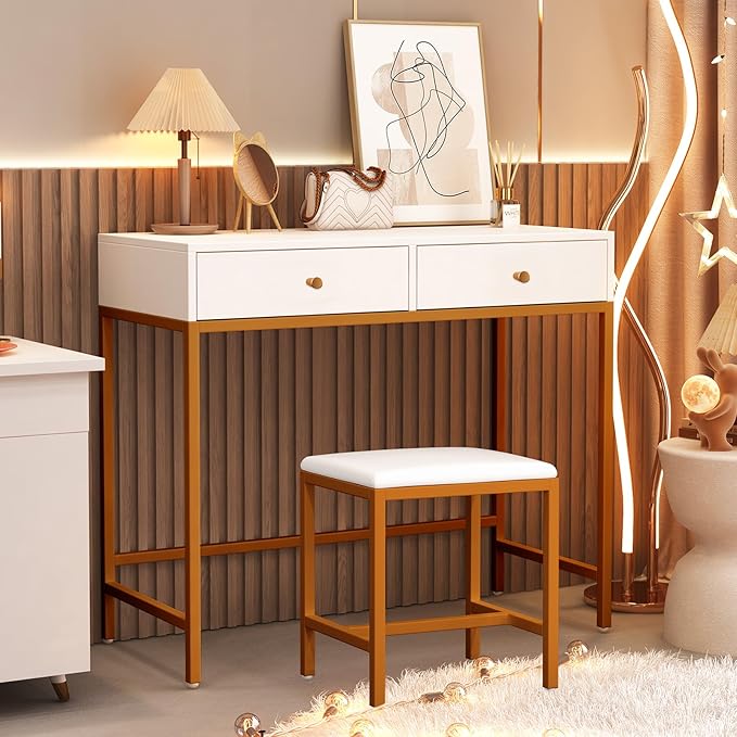 36" Small Vanity Desk, White Makeup Table No Mirror for Bedroom with 2 Storage Drawers, Girls Vanity Desk, Compact Makeup Table