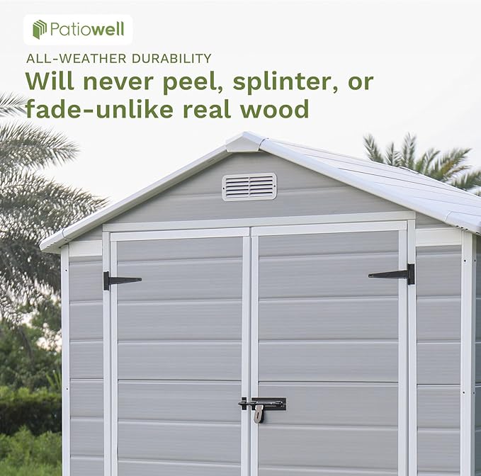 Patiowell 6x4 FT Plastic Outdoor Storage Shed, Resin Shed Perfect to Store Patio Furniture, GardenTools Bike Accessories, Beach Chairs and Lawn Mower,Light Grey