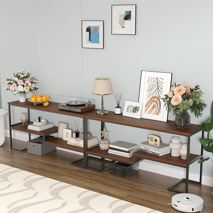 TV Stand for TV up to 60 Inch, TV Console Table with Open Storage Shelves, Industrial Media Entertainment Center for Living Room, Bedroom, Brown and Black