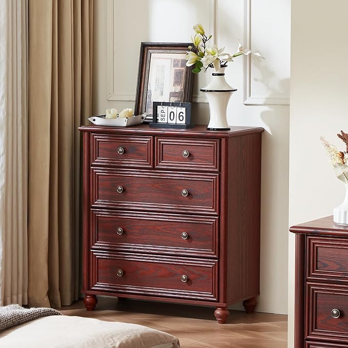 Farmhouse 5 Drawer Dresser for Bedroom, 35.5" Tall Small Dressers & Chest of Drawers, Rustic Wood Dresser with Roman Column, Storage Organizer for Living Room, Hallway, Closet (Red Oak)