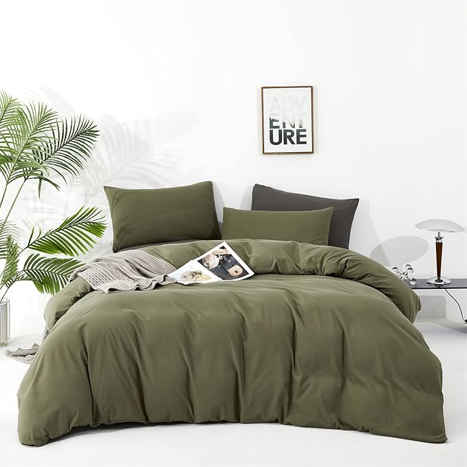 Cottonight Green Comforter Set California King Olive Green Bedding Set Dark Green Blanket Quilts Modern Soft Breathable 3 Piece Army Comforter Set for Women Men