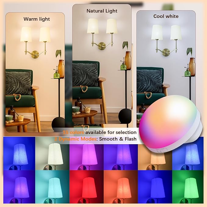 Wall Lights Battery Operated Wall Sconces 2-Light, Gold Rechargeable Wall Sconce with 15 RGB Dimmable Detachable Bulbs and Remote, Wireless Battery Powered Wall Lamp for Living Room Bedroom