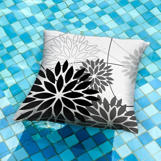 Black Grey Floral Pillow Covers 18x18 Set of 2 Outdoor Waterproof White Colored Decorative Throw Pillows Summer Pillowcase Polyester Cushion Case Decor for Couch Patio Funiture Garden Porch 01L18