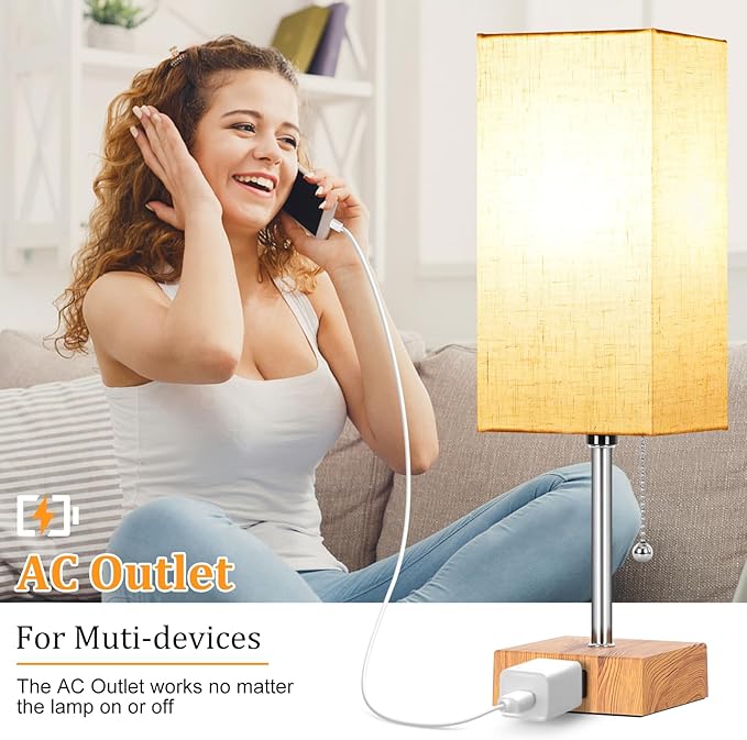Table Lamp for Bedroom set of 2,3-Color Bedside Lamps with Pull Chain Table Lamps for Nightstand with AC Outlets,Small Night Light Lamps with 2 Bulbs Lamps for Living Room Kids Room Office Decor（Wood）