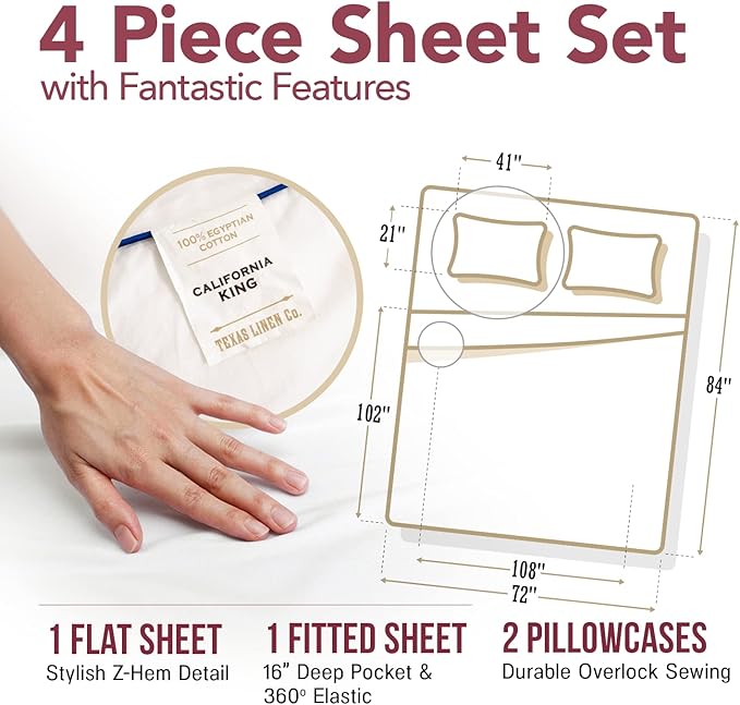 TEXAS LINEN CO. 100% Egyptian Cotton California King Bed Sheets - 800 Thread Count 4 PC Silver Bed Sheet for Calking Size Bed, Sateen Weave Deep Pocket Luxury Hotel Sheets, Extra Soft Cooling Sheets