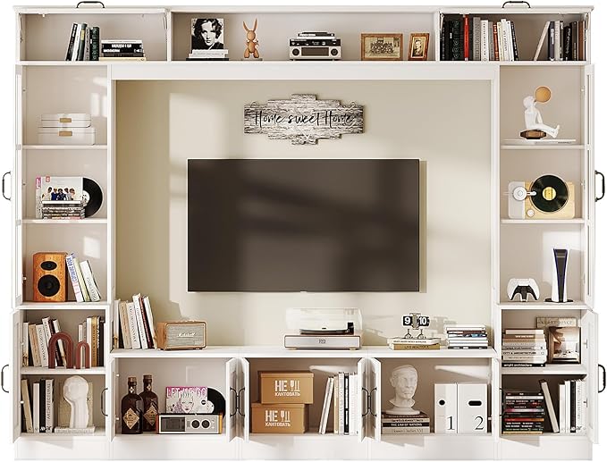 AMERLIFE 98" W Wall Unit TV Stand with Storage for TVs up to 80", Modern TV Console with LED Lights, Entertainment Center with Bookshelves for Living Room, White