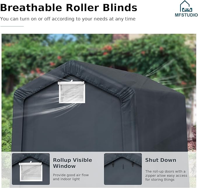 MFSTUDIO Outdoor Storage Sheds 6x10 ft, Portable Carport Shelter Garages Heavy Duty Canopy with Rolled up Zipper Doors, Outside Utility Shed Garage Tent for Motorcycle, Bicycles and Camping Tools