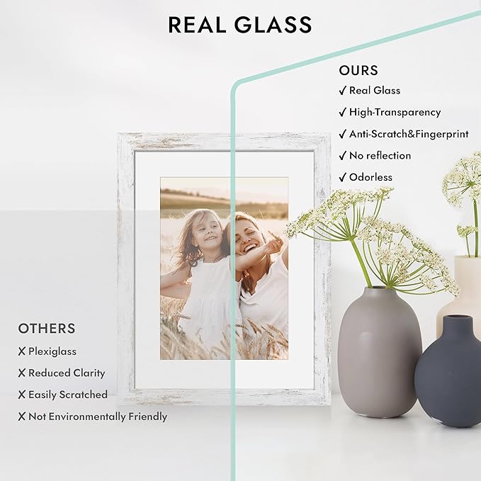 8x10 Picture Frame, Made of Real Glass and Wooden Frame, Horizontal and Vertical Display for Wall or Tabletop (Distressed White, 1 Pack)